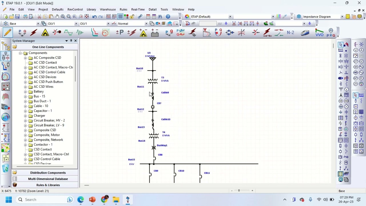Power system analysis software showing electrical diagram with current-time graph and coordination table