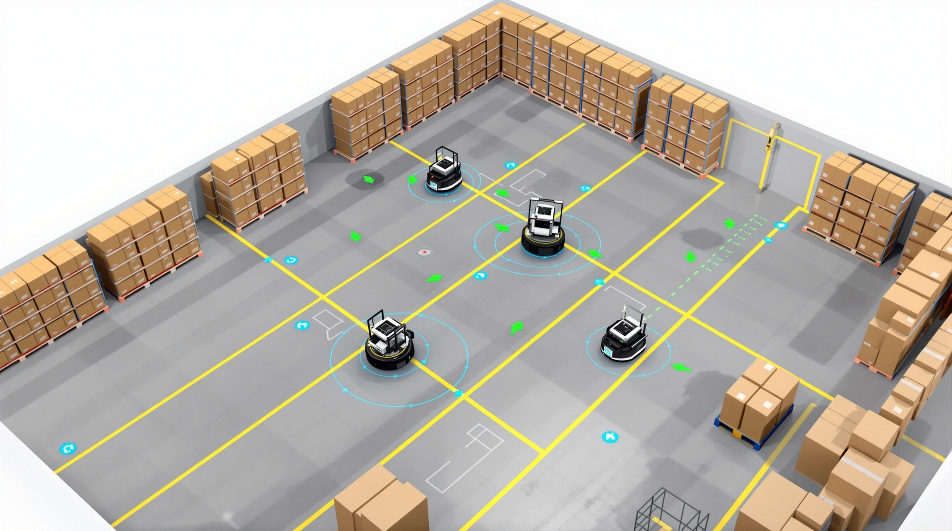 Warehouse automation scenario in Gazebo with multiple robots coordinating in a fulfillment center