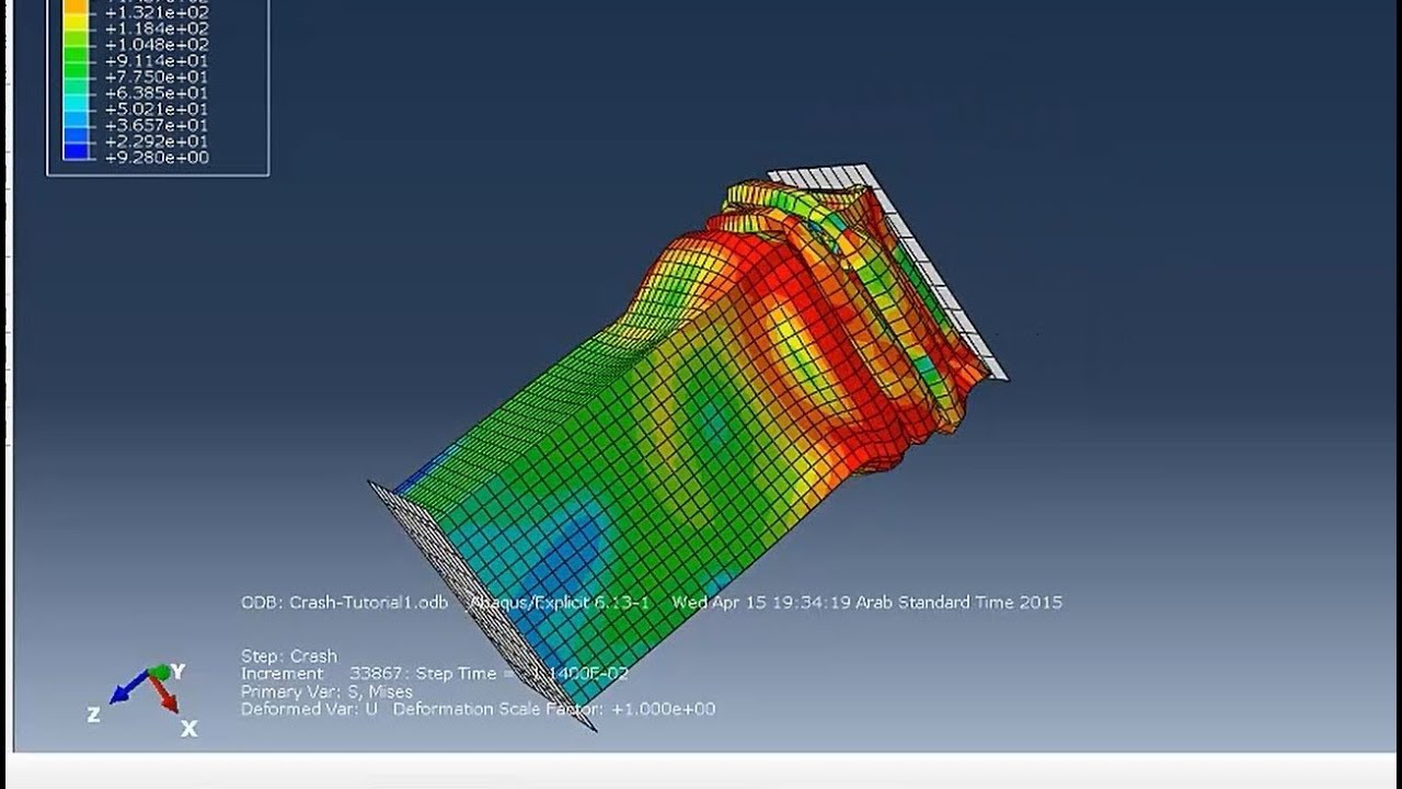 ABAQUS crash simulation showing finite element mesh deformation
