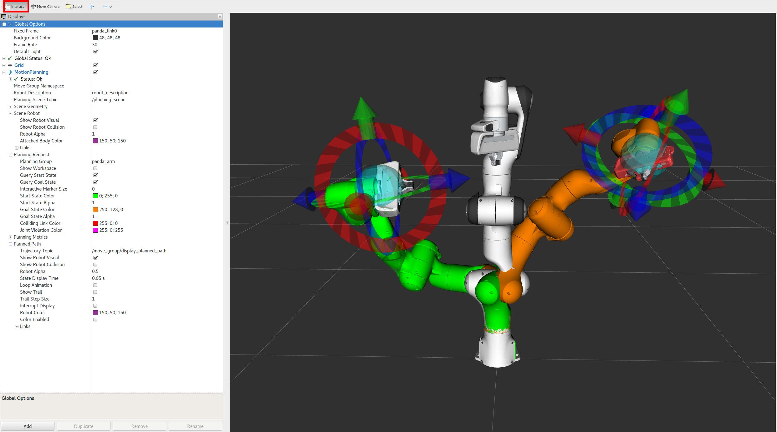 RViz MoveIt integration showing motion planning interface