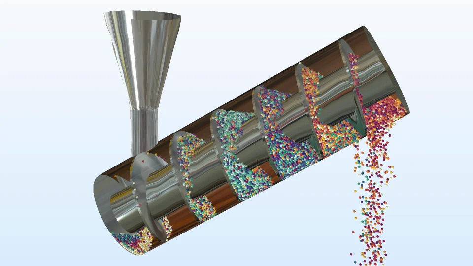 COMSOL Multiphysics 6.4 Granular Flow Module showing screw mixer simulation with DEM particle tracking