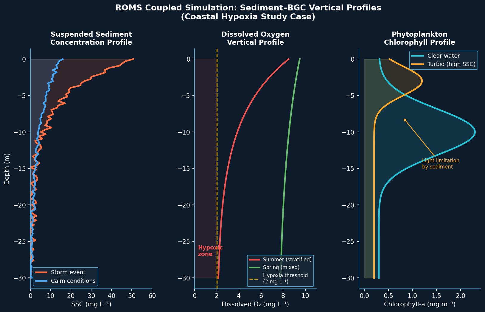 ROMS simulation output showing suspended sediment, dissolved oxygen, and chlorophyll vertical profiles