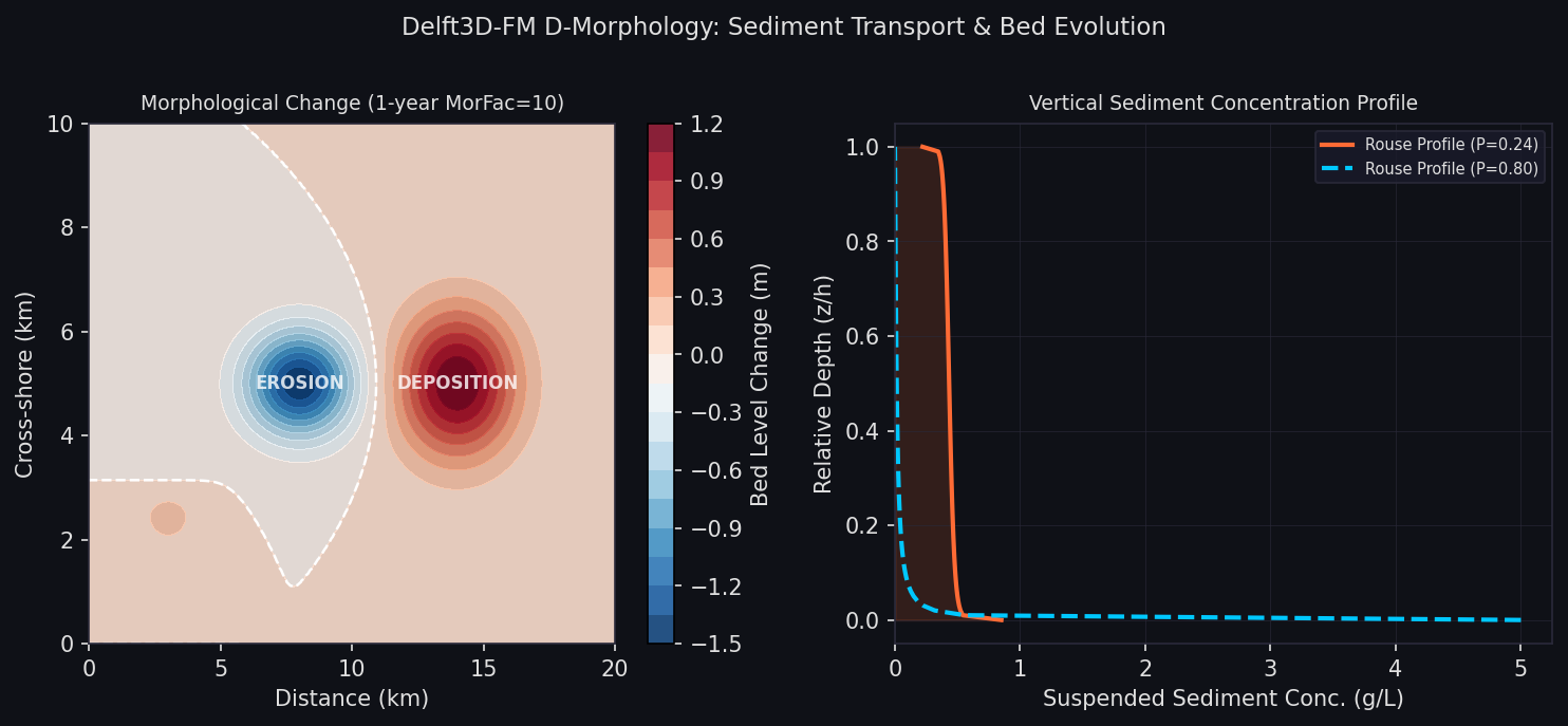 Delft3D-FM D-Morphology: bed level change map and vertical suspended sediment concentration Rouse profiles