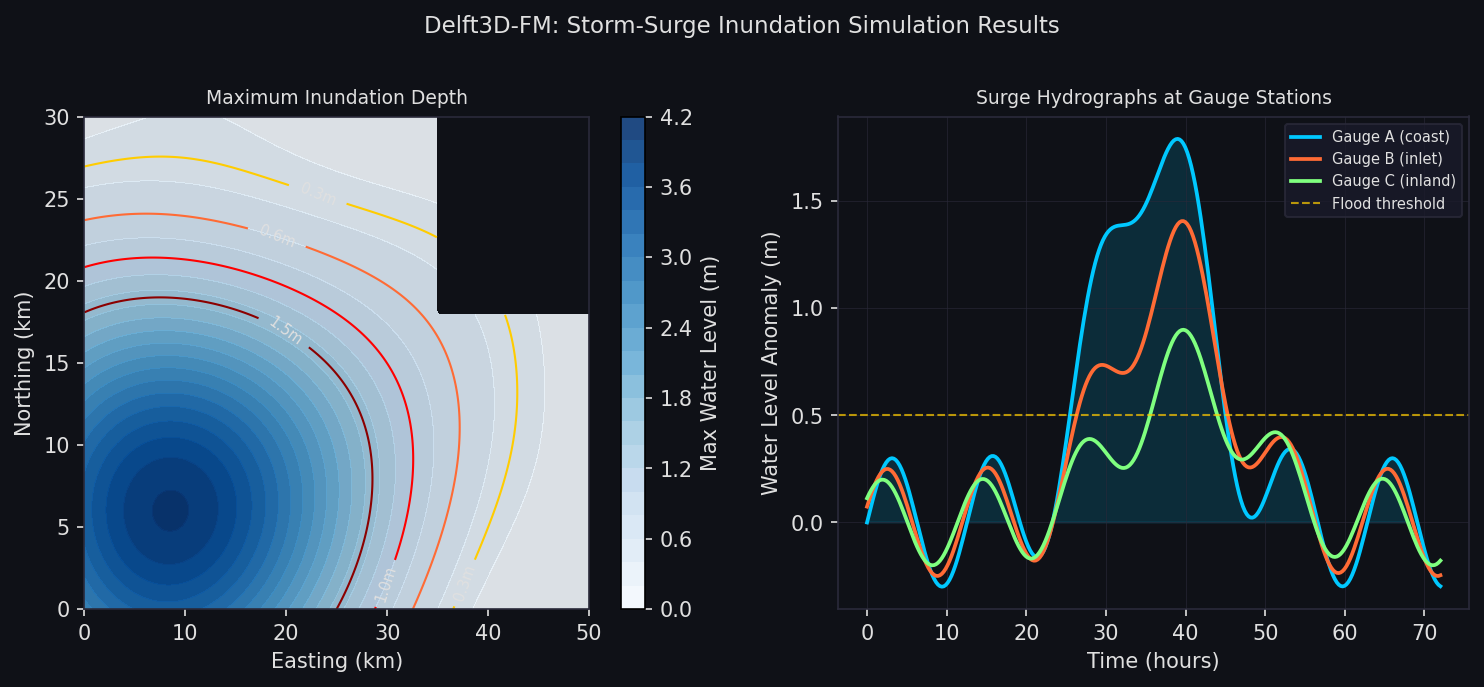 Delft3D-FM storm-surge inundation simulation: maximum water level map and surge hydrographs at coastal gauge stations